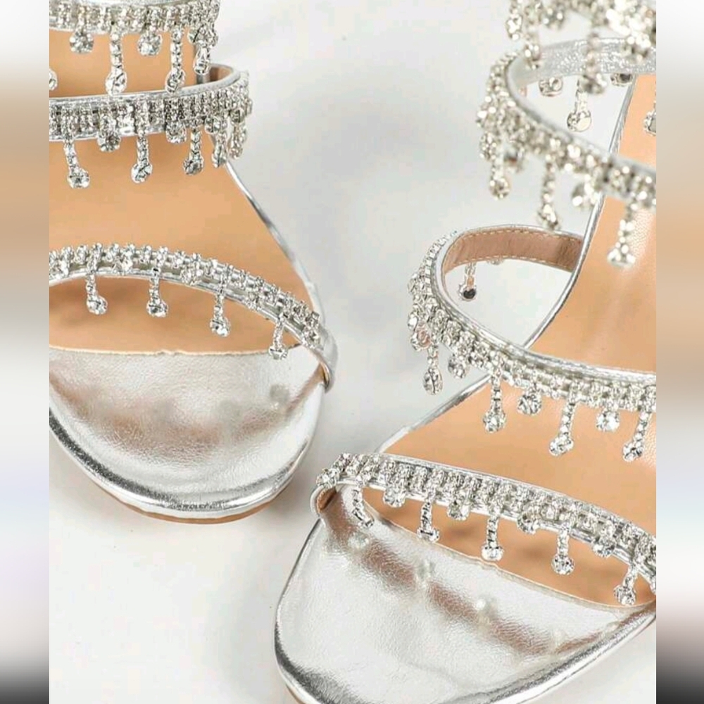 Silver Rhinestone Snake Wrap Peep Toe Stiletto Heels - Picture 9 of 9